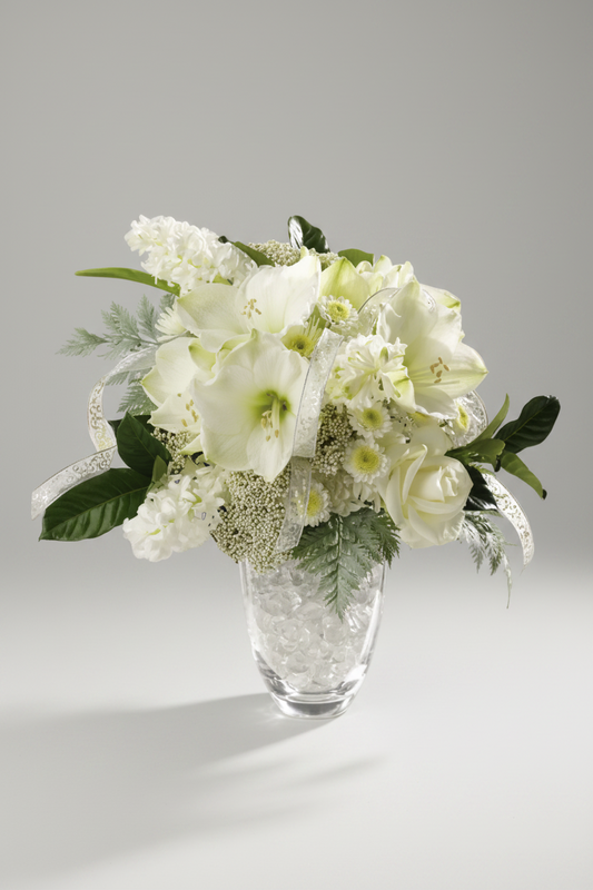 Bouquet of white flowers in a clear glass vase on a white surface.